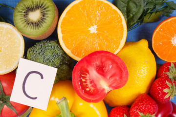 Fruits and vegetables containing vitamin C and natural minerals, healthy nutrition concept