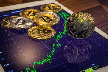 Cryptocurrency Litecoins with prediction increase market price graph.