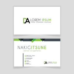 Simple Business Card with initial letter DA rounded edges with green accents as decoration.