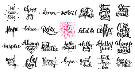 Plakat Hand drawn different quotes set of lettering phrases isolated on the white background. Fun brush ink vector illustration for banners, greeting card, photo overlays.