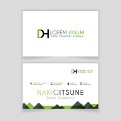 Simple Business Card with initial letter DH rounded edges with green accents as decoration.