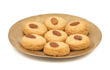 Fototapeta na wymiar Healthy Homemade Sweet Almond Cookies or biscuits Also Know as Nan Khatai isolated on white background