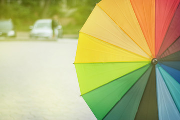 Colorful Rainbow Umbrella Blureed Street Background Copy Space Spring Summer Rain