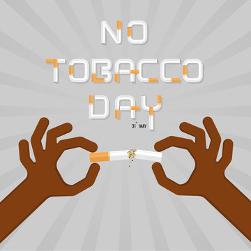 Stop smoking with human hands breaking the cigarette.Human hand crushing cigarette.Hands and Quit Tobacco vector logo design template.May 31st World no tobacco day.No Smoking Day Awareness Idea