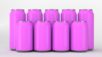  Purple soda cans standing in two raws on white background