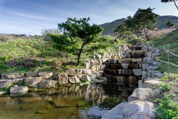 Small artificial waterfall and rillet created in Hwangmaesan County Park in Hapcheon-gun,...