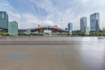 Empty floor with modern business office building 