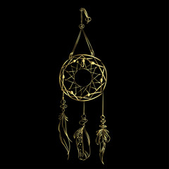 Vector illustration with hand drawn dream catcher isolated on a black background. Luxury golden feathers and beads.