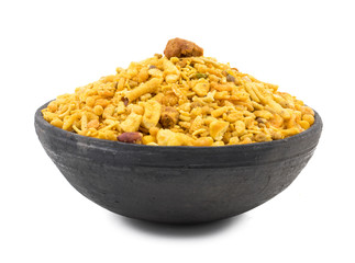 Indian Delicious And Crunchy Mix Namkeen Food Also Know As Mixture, Chivda, Farsan, Namkin, Nimco or Nimko Made of Gram Flour And Mixed With Dry Fruits isolated on White Background