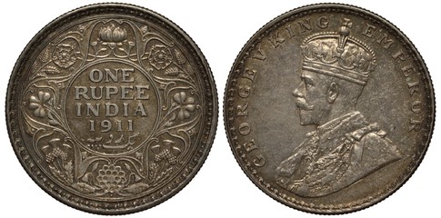 British India coin one rupee 1911, floral ornament, denomination in center, bust of King George V...
