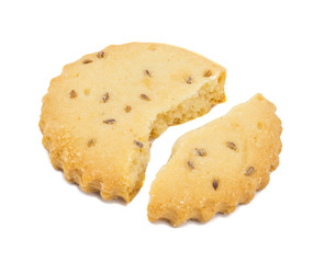 Single Salted Cracked Cumin Cookie or Jeera Cookie as we call them in India are ideal for tea time. Little Sweet and Little Salty isolated on White Background