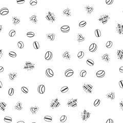 Coffee seamless pattern. Grains of coffee, coffee machine, cup of coffee abstract composition.