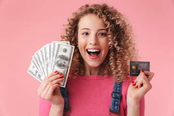 Close up portrait of satisfied young girl with curly hair