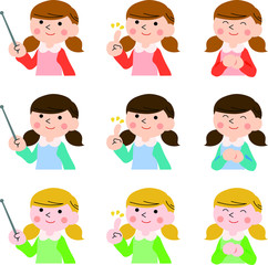 Fototapeta premium Teaching girl with pigtails illustration set