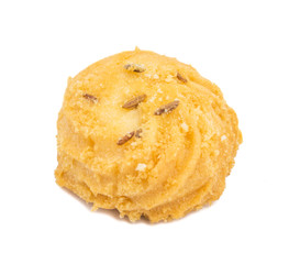 Salted Flavor Single Small Cumin Cookie or Biscuit Also Know as Nan Khatai or Jeera Cookie is a tea time Snack. Little Sweet and Little Salty isolated on White Background