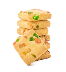 Stacked Delicious Tutti Frutti Cookies or Biscuits Also Know as Candied Fruits Cookies isolated on White Background