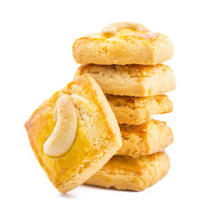 Special Freshly Stacked Sweet Cashew Nut Cookies or Biscuits Also Know as in India Nan Khatai, Kaju Cookies or Kaju Biscuits isolated on White Background