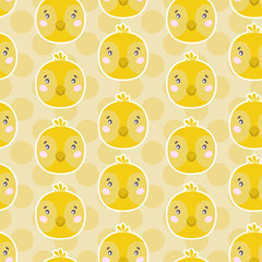 Cute vector seamless pattern with chicken face. On green dotted background.