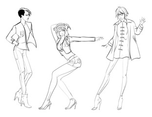 Stylish fashion models. Pretty young girls. Fashion girls Sketch