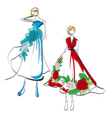Fashion illustration. Stylish fashion models. Fashion girl Sketch. Girls in a dress with a floral pattern