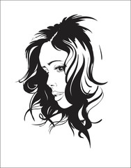 Sketch of the face of a fashion girl with flying hair. Fashion girl face.