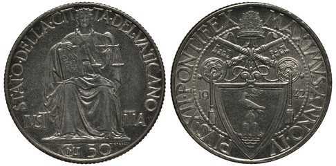 Vatican city coin fifty centesimo 1942, ruler Pius XII, allegorical figure of Justice with book and scale, papal arms, shield with dove, crossed keys, tiara on top, © Yaroslav
