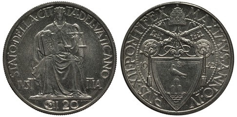 Vatican city coin twenty centesimo 1942, ruler Pius XII, allegorical figure of Justice with book and scale, papal arms, shield with dove, crossed keys, tiara on top, © Yaroslav