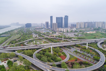 Naklejka na ściany i meble Aerial view over the Nanjing city, urban architectural landscape