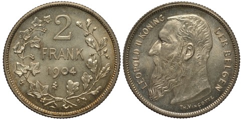 Belgium Belgian coin two francs 1904, denomination within wreath with oak leaves and acorns, King Leopold II head left, silver, patina,