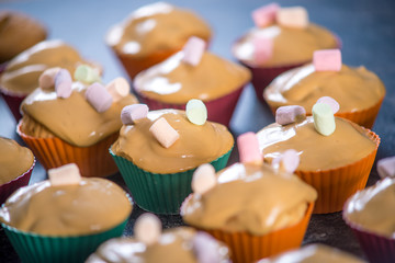 Homemade freshly made cupcakes in silicone molds on dark background. Concept of confectionery cooking