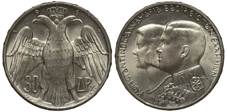 Greece Greek Coin thirty drahma 1964, eagle with two heads, crown on top, royal wedding, conjoined heads of King Konstantine and Queen Anna Maria left, silver,  