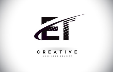 ET E T Letter Logo Design with Swoosh and Black Lines.