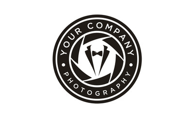 Bow Tie and Tuxedo Suit with Shutter Aperture Lens for Fashion Photography Photographer emblem logo design inspiration