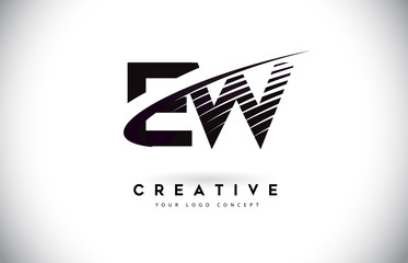 EW E W Letter Logo Design with Swoosh and Black Lines.