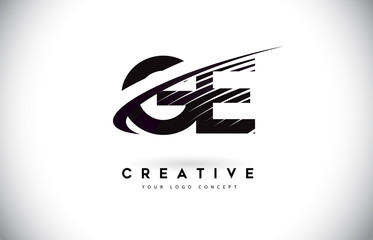 GE G E Letter Logo Design with Swoosh and Black Lines.