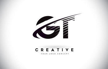GT G T Letter Logo Design with Swoosh and Black Lines.