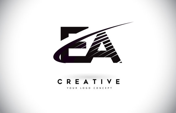 EA E A Letter Logo Design with Swoosh and Black Lines.