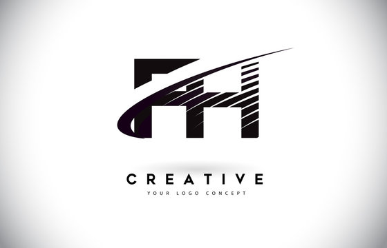FH F H Letter Logo Design with Swoosh and Black Lines.