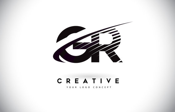 GR G R Letter Logo Design with Swoosh and Black Lines.