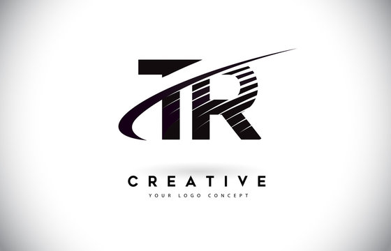 TR T R Letter Logo Design with Swoosh and Black Lines.