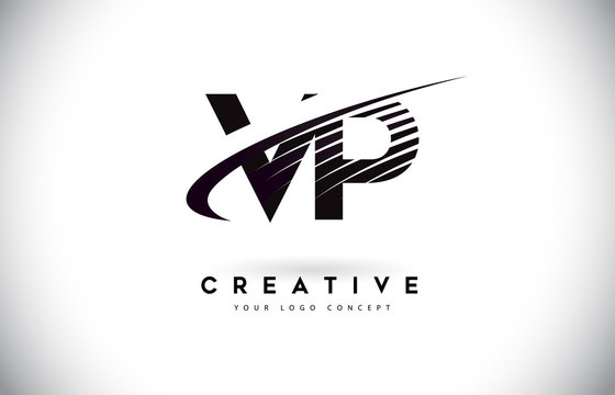 VP V P Letter Logo Design with Swoosh and Black Lines.