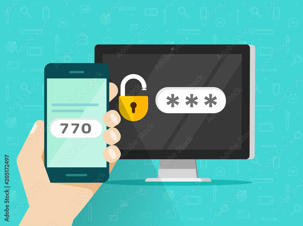 Poster 2fa password login code verification, two step authentication on smartphone vector illustration, fla
