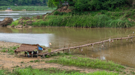 Bamboo bridge crossing the Nam Kahn River at its confluence with the Mekong River in Luang Prabang...