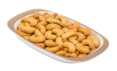 Salted Flavor Roasted Cashew Nut Snacks Also Know as in India Kaju Namkeen or Masala Kaju isolated on White Background