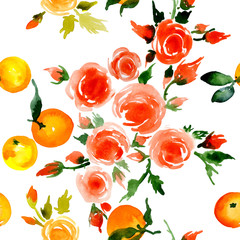 Delicate, small, fragrant, ancient roses, honey, rustic, wild bees, delicate, tasty, fragrant mandarins. Watercolor. illustration
