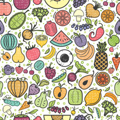 Fruits and vegetables seamless pattern, vegetarian set, summer isolated color vector icons.