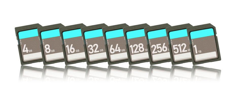 Memory cards isolated on white background - Range from 4gb to 1tb