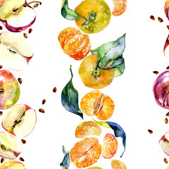 Garden, rustic, delicious apples. Ripe, southern, orange mandarins. Honey, wild bees. watercolor. Illustration