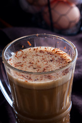 Chocolate gogol-mogol (a drink of raw eggs with cocoa), selective focus