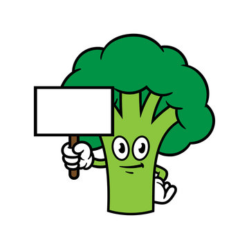 Cartoon Broccoli Character Holding Blank Sign